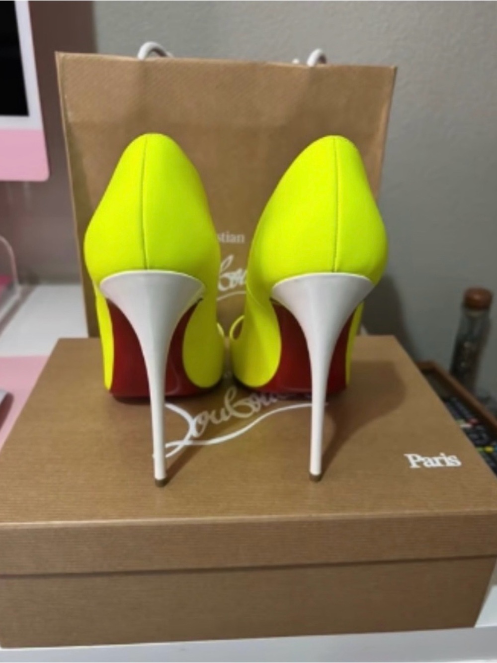 Christian Louboutin Neon Yellow Pointed Toe Stilettos - Picture 3 of 12